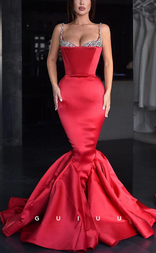 G3029 - Chic & Modern Mermaid Sweetheart Beaded Straps Red Long Formal Prom Dress