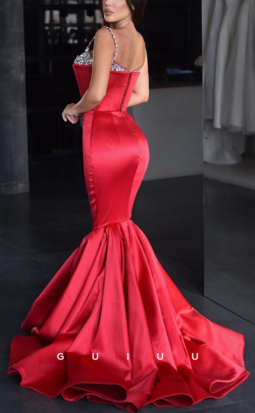 G3029 - Chic & Modern Mermaid Sweetheart Beaded Straps Red Long Formal Prom Dress