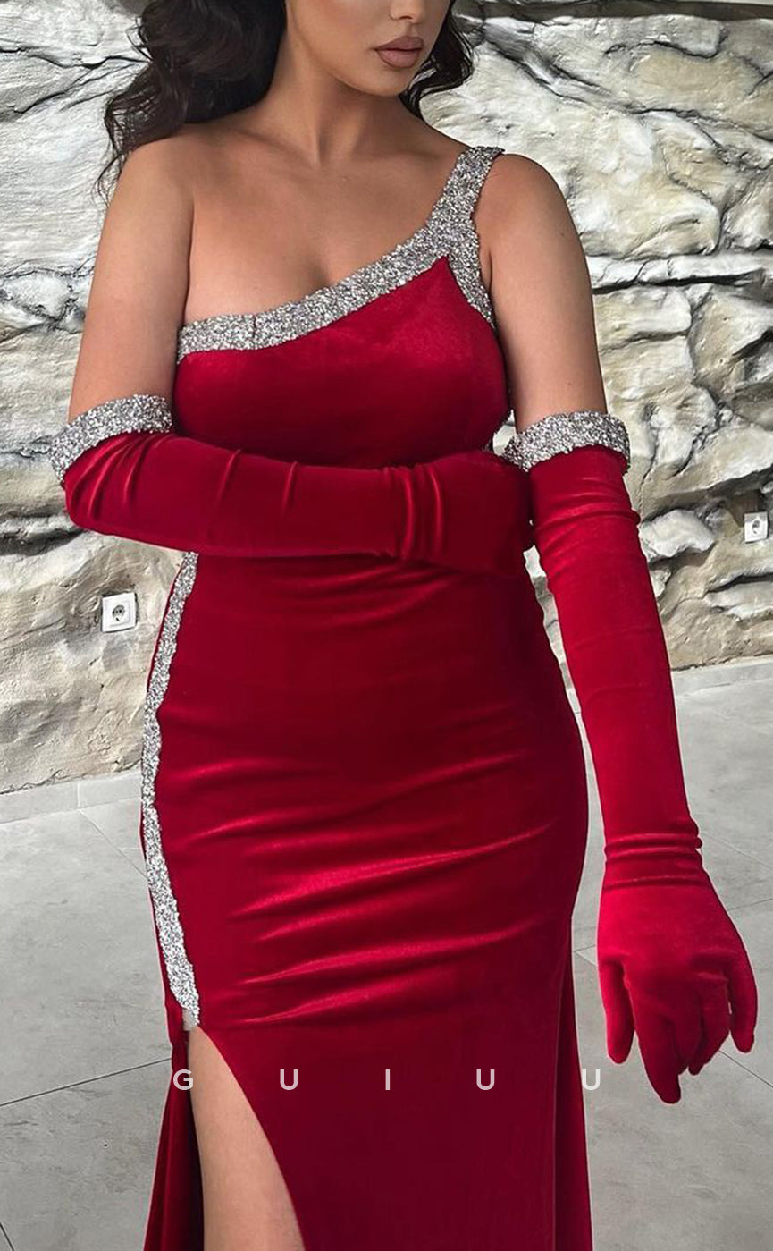 G3031 - Chic & Modern One Shoulder Beaded Burgundy Formal Prom Dress With Gloves