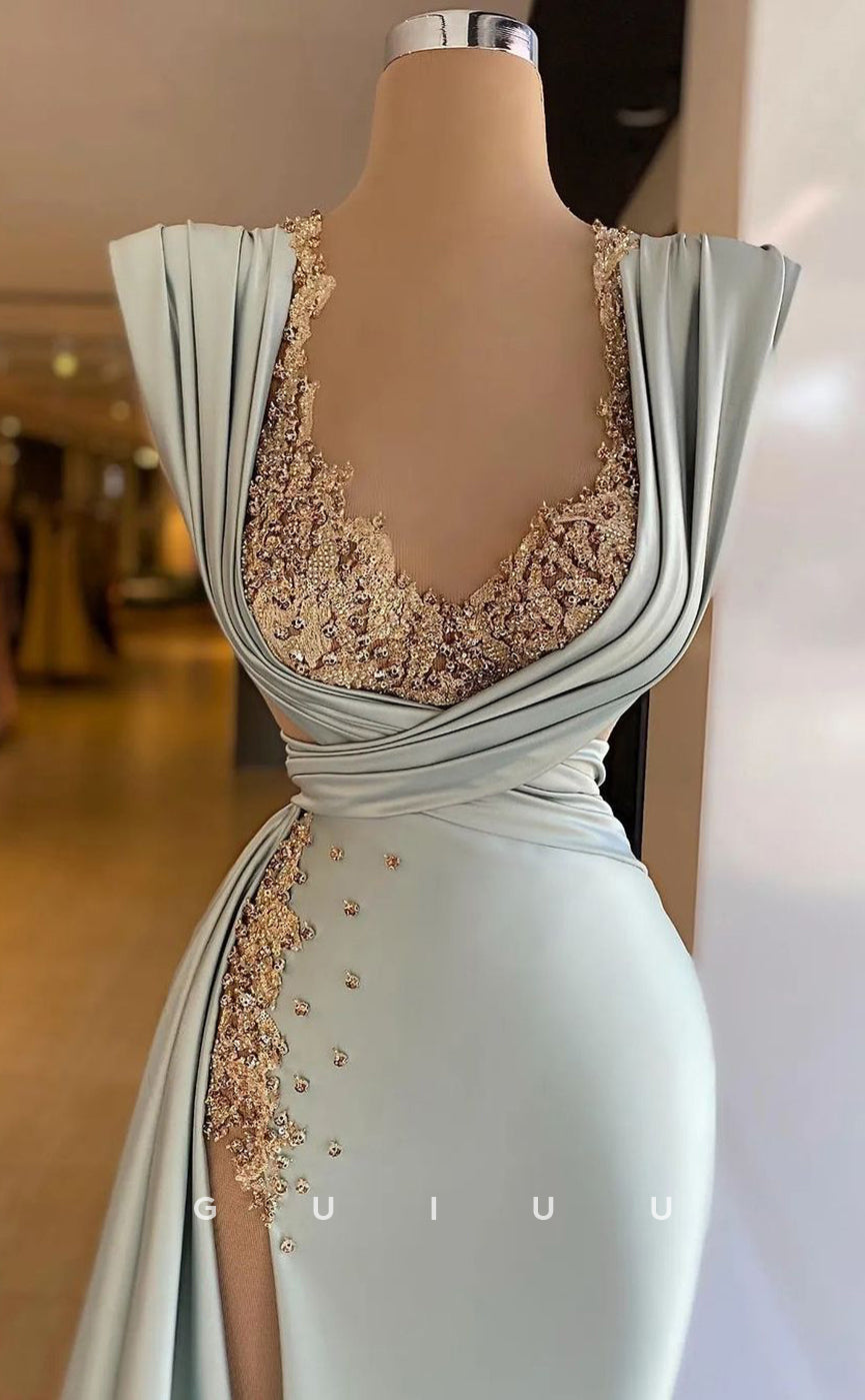 G3033 - Chic & Modern V-Neck Beaded Pleats Long Formal Prom Dress With Slit