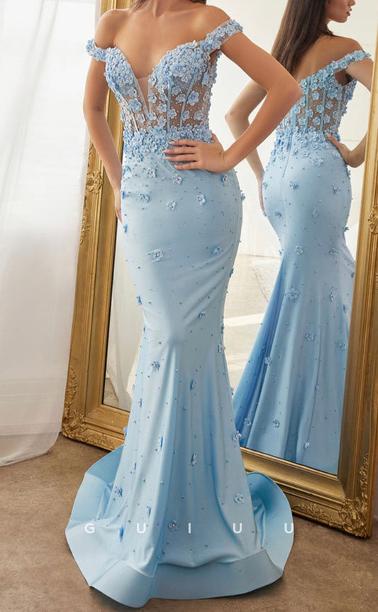 G3035 - Chic & Modern Off-Shoulder Sheer Floral Embellished Long Formal Prom Dress