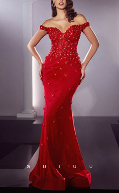 G3035 - Chic & Modern Off-Shoulder Sheer Floral Embellished Long Formal Prom Dress