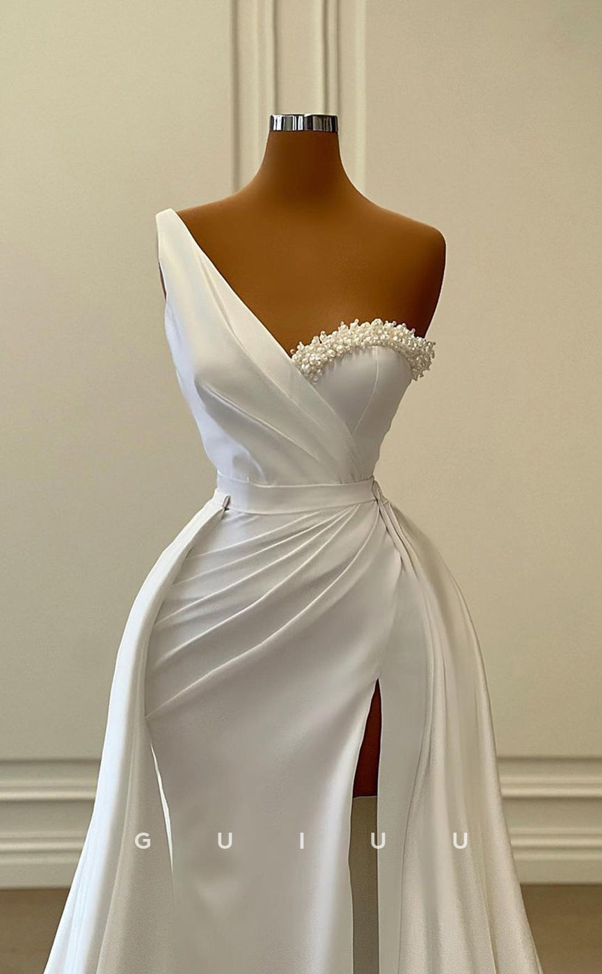 G3036 - Chic & Modern One Shoulder Beaded Pleats White Long Formal Prom Dress