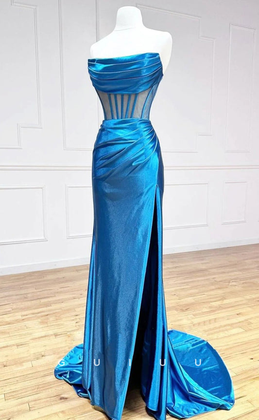 G3039 - Chic & Modern Strapless Pleats Sheer Long Formal Prom Dress With Slit