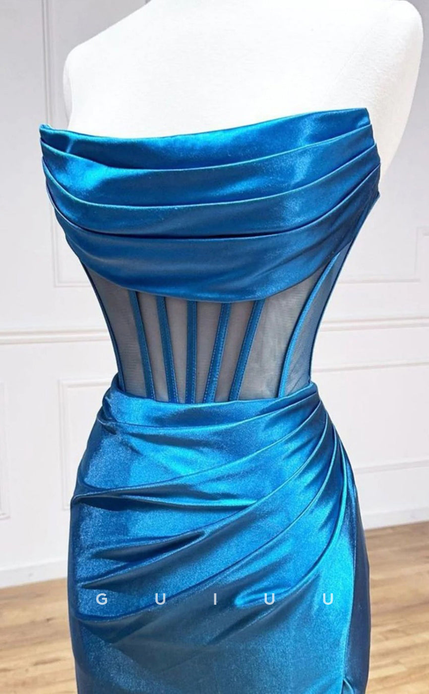 G3039 - Chic & Modern Strapless Pleats Sheer Long Formal Prom Dress With Slit