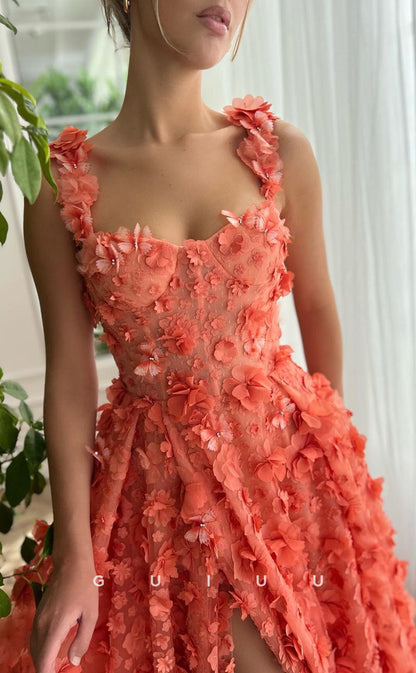 G3044 - Classic & Timeless A-Line Floral Embossed Strapless Formal Prom Dress With Slit