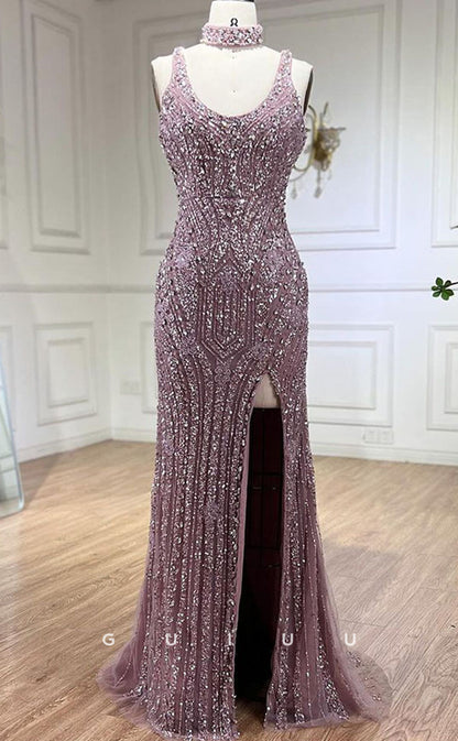 G3081 - Elegant & Luxurious Square Beaded Embroidered Illusion Formal Prom Dress With Slit
