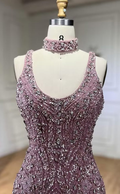 G3081 - Elegant & Luxurious Square Beaded Embroidered Illusion Formal Prom Dress With Slit