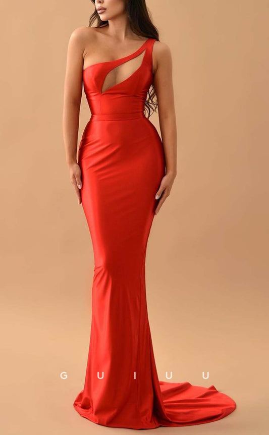 G3118 - Chic & Modern Sheath Satin Red One Shoulder Long Formal Prom Dresses