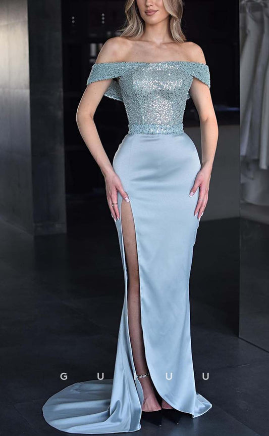 G3128 - Elegant & Luxurious Off-Shoulder Beaded Sequins Long Formal Prom Dresses