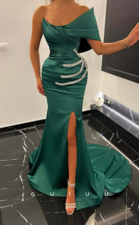 G3133 - Chic & Modern Off-Shoulder Beaded Pleats Long Formal Prom Dresses With Slit