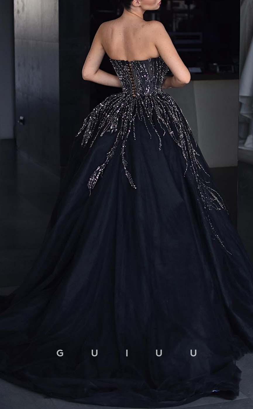 G3159 - Elegant & Luxurious A-LIne Strapless Beaded Sequins Tulle Prom Evening Dresses