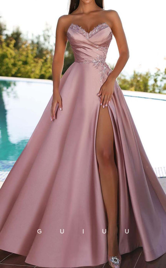 G3164 - Chic & Modern A-Line Strapless Sequins Pleats Long Formal Prom Dresses