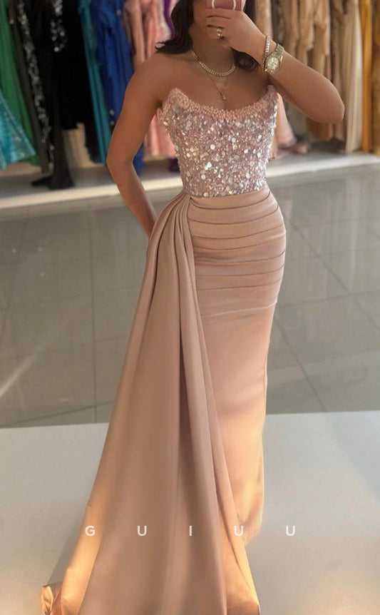 G3367 - Sexy & Hot Sheath Sweetheart Beaded Sequins Floor - Length Sweep Train Evening Party Gown Prom Dress
