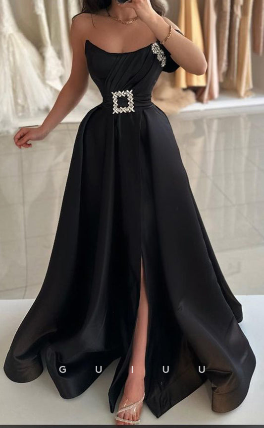 G3379 - Elegant & Luxurious A-Line One Shoulder Beaded Slit Evening Party Prom Dress