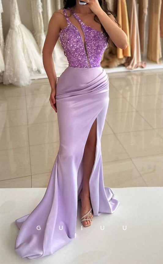 G3384 - Sexy & Hot Sheath & Mermaid One Shoulder Semi Sweetheart High Side Slit Beaded Evening Party Prom Dress