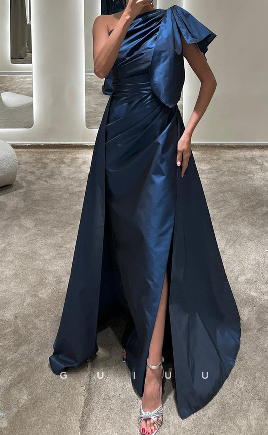 G3420 - Simple & Modern Sheath One Shoulder Side Slit Bowknot Overskirt Floor-Length Evening Gown Prom Dress