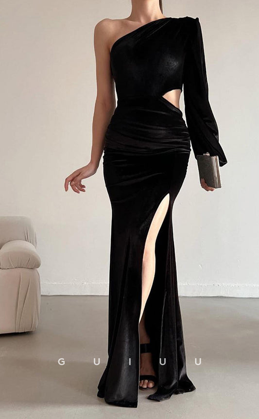G3430 - Sexy & Hot Sheath One Shoulder Long Sleeves High Side Slit Draped Floor-Length Party Prom Dress