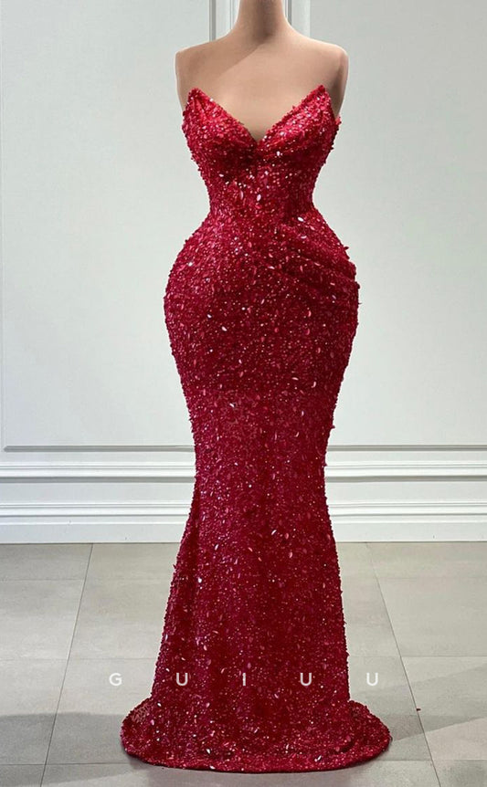 G3455 - Sexy & Hot Sheath V-Neck Strapless Fully Sequined & Beaded Draped Floor-Length Evening Party Gown Prom Dress