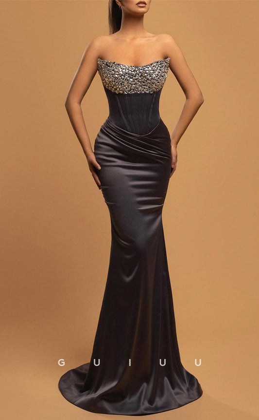 G3461 - Sexy & Hot Sheath Strapless Beaded Draped Corset Floor-Length Party Gown Prom Dress