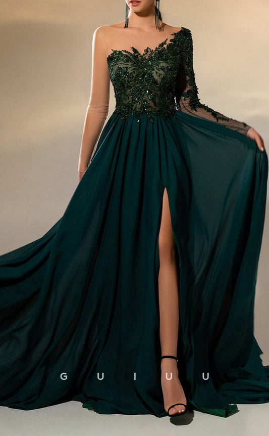 G3467 - Chic & Modern A-Line Bateau Long Sleeves Beaded Sequins High Side Slit Draped Long Prom Dress With Sweep Train