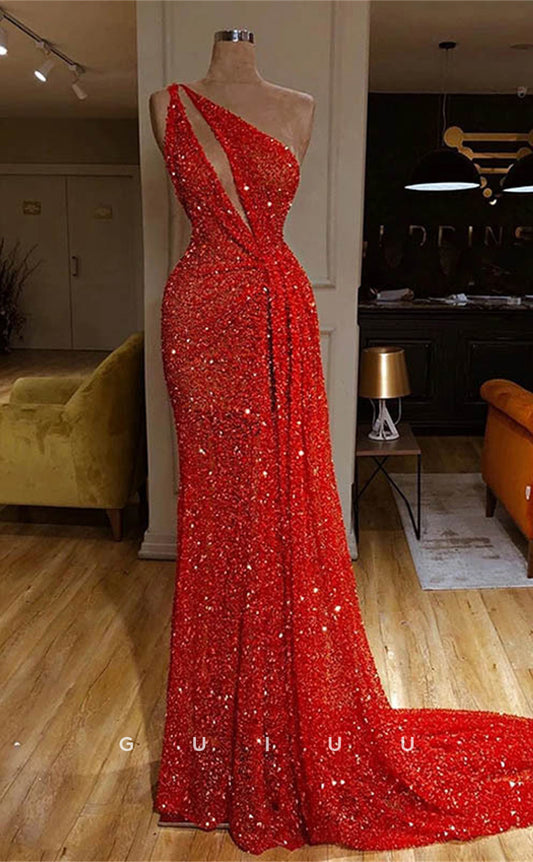 G3472 - Elegant & Luxurious Sheath & Trumpet One Shoulder Cut Outs Fully Beaded & Sequined Long Gown Prom Dress With Sweep Train