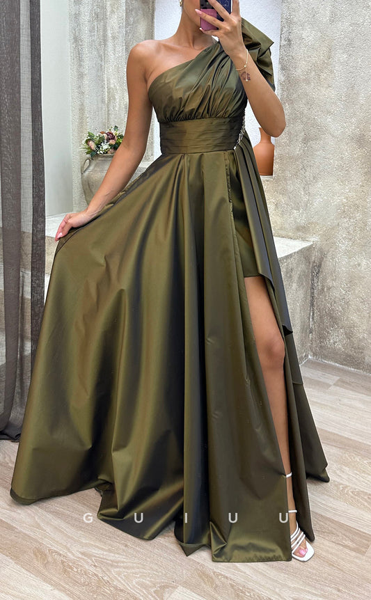 G3488 - Chic & Modern A-Line One Shoulder Draped Side Slit Floor-Length Ballgown Prom Dress