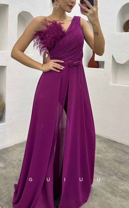 G3497 - Chic & Modern Sheath One Shoulder Feather Sash Jumpsuit Floor-Length Party Gown Prom Dress With Overlay