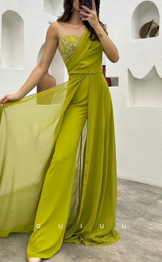 G3498 - Chic & Modern Sheath One Shoulder Feather Sash Jumpsuit Floor-Length Party Gown Prom Dress With Overlay
