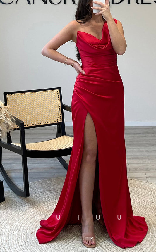 G3526 - Sexy & Hot Sheath Asymmetrical One Shoulder High Side Slit Draped Floor-Length Party Gown Prom Dress