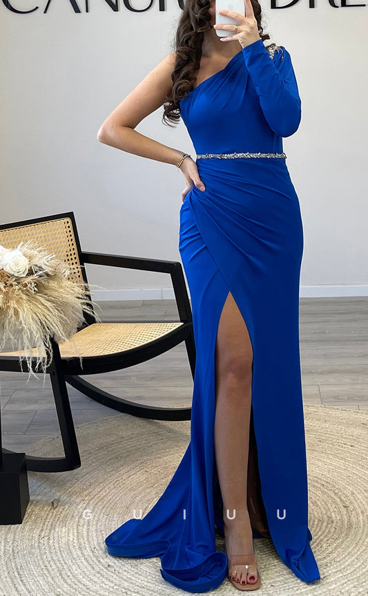 G3533 - Chic & Modern Sheath One Shoulder Long Sleeves Beaded Sash High Slit Floor-Length Part Ballgown Prom Dress