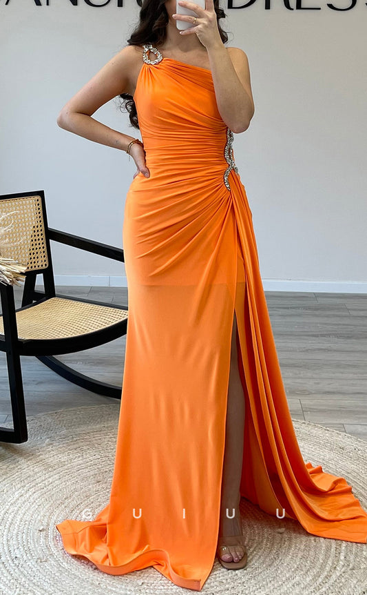 G3534 - Sexy & Hot Sheath One Shoulder Draped Beaded Side Slit Floor-Length Party Gown Prom Dress With Sweep Train