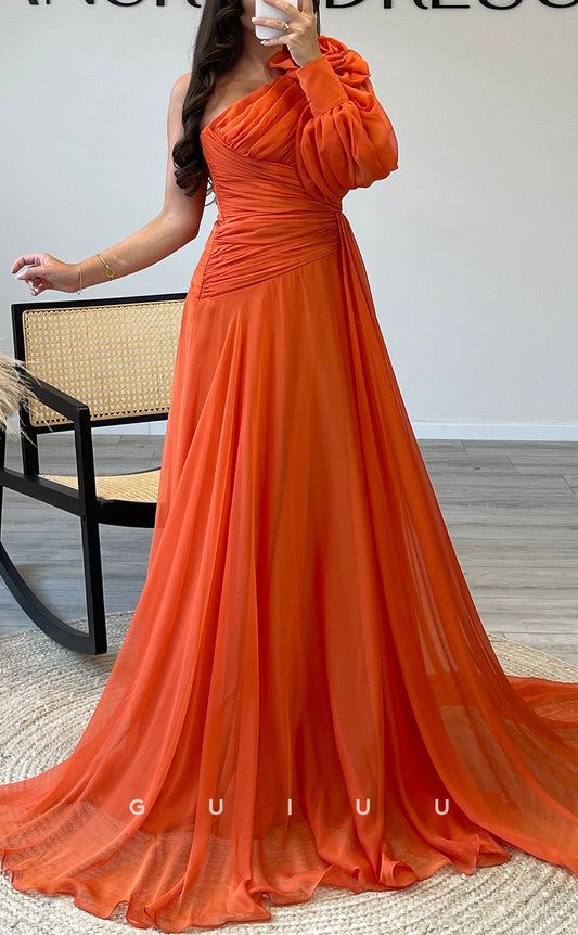 G3538 - Classic & Timeless A-Line One Shoulder Long Bishop Sleeves Draped Pleated Floral Embossed Long Ballgown Prom Dress
