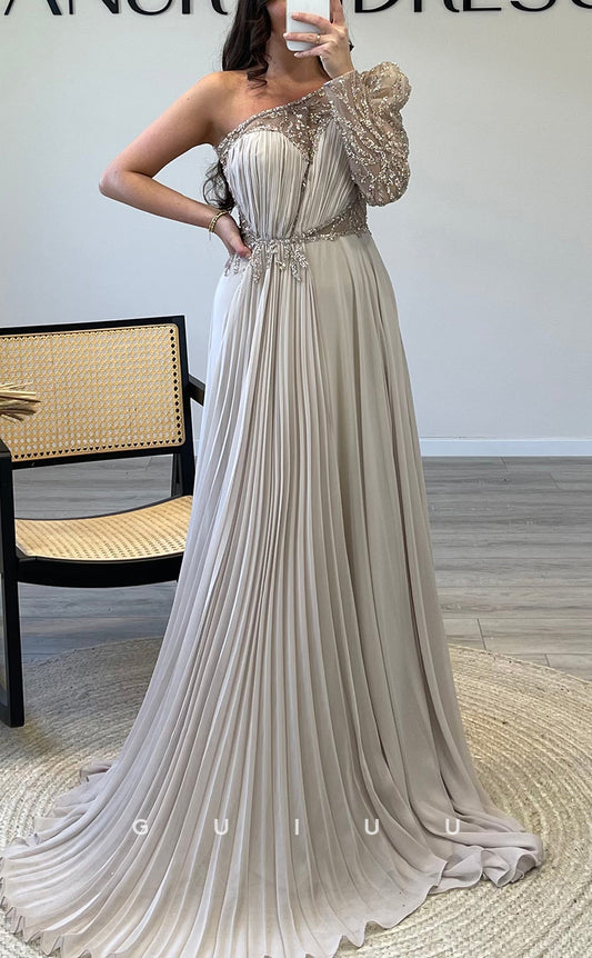 G3541 - Classic & Timeless A-Line One Shoulder Illusion Long Sleeves Pleated Floor-Length Ballgown Prom Dress