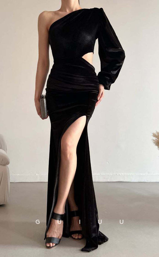 G3548 - Sexy & Hot Sheath One shoulder Long Bishop Sleeves Cut Outs High Side Slit Floor-Length Party Dress