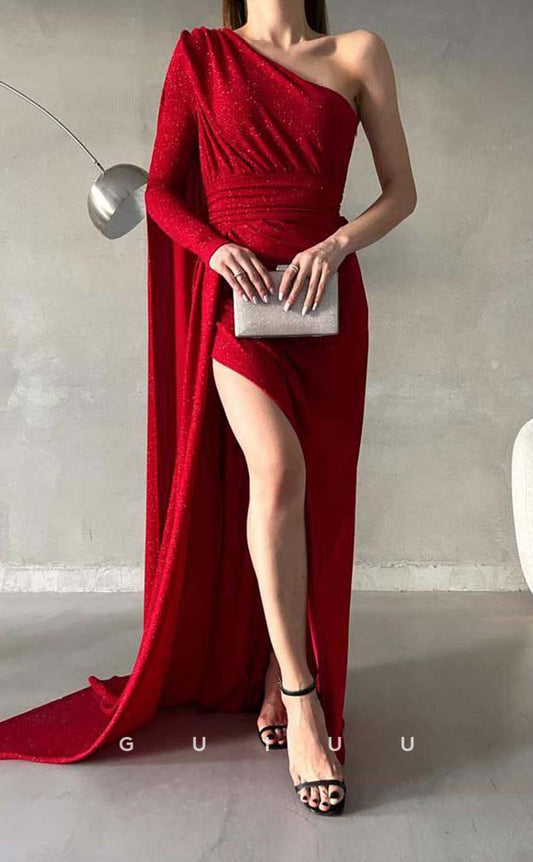 G3553 - Simple & Casual Sheath One Shoulder Long Sleeves High Side Slit Floor-Length Formal Dress With Overlay