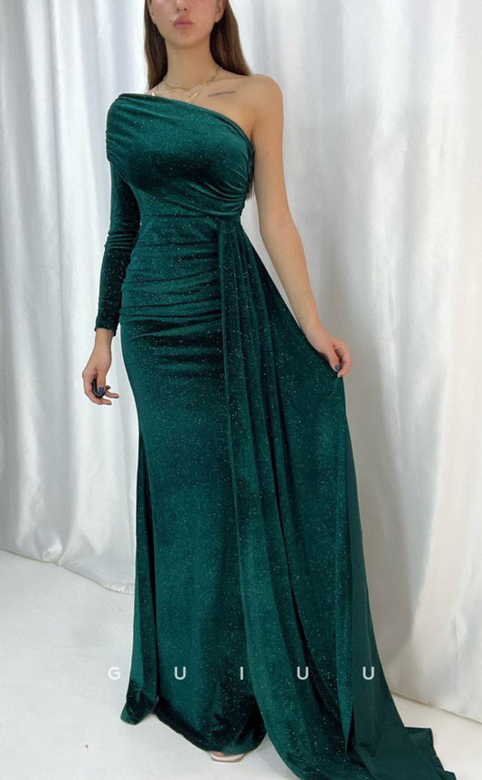 G3558 - Sexy & Hot Sheath One Shoulder Long Sleeves Draped Side Slit Floor-Length Party Dress With Overlay