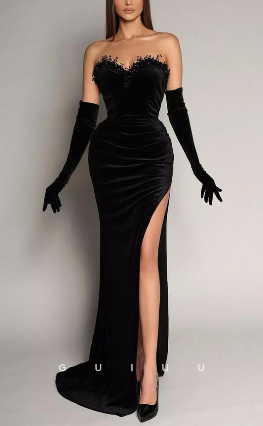 G3581 - Sexy & Hot Sheath Sweetheart Beaded Draped High Side Sliy Long Glooves Floor-Length Party Gown Prom Dress