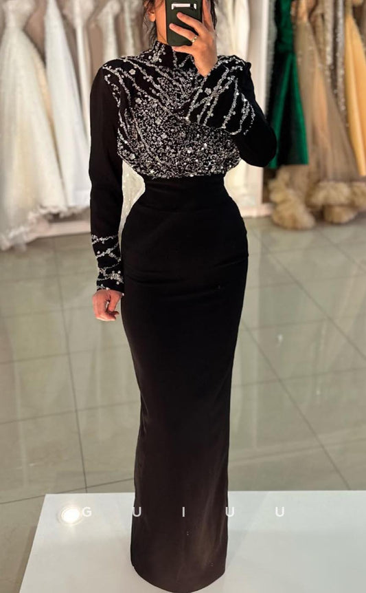 G3629 - Chic Sheath High Scoop Neck Long Sleeves Beaded Floor-Length Formal Party Gown Prom Dress