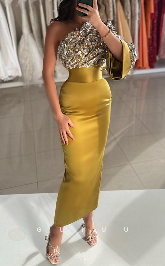 G3631 - Chic Sheath One Shoulder Long Sleeves Ankle-Length Party Gown Prom Dress with Sequins and Beads