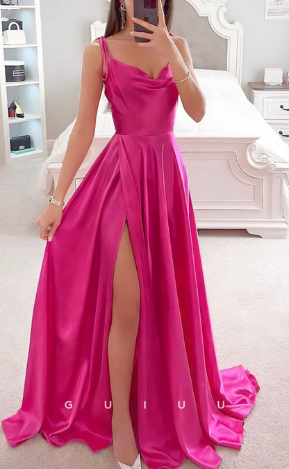 G3640 - Chic & Modern A-Line Straps Scoop Draped Floor-Length Formal Party Gown Prom Dress with High Side Slit