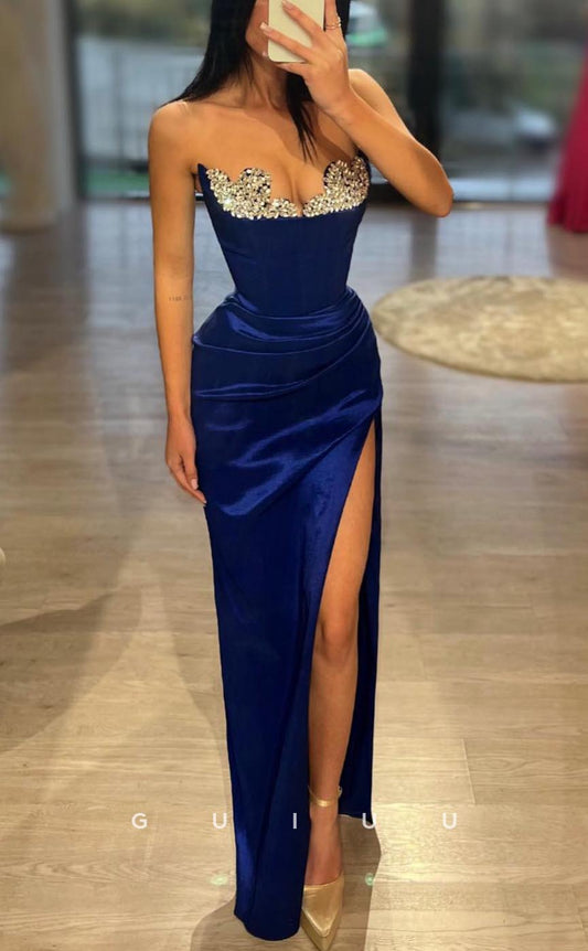 G3642 - Sexy Sheath Strapless Beaded Draped Floor-Length Party Ball Gown Prom Dress with High Side Slit