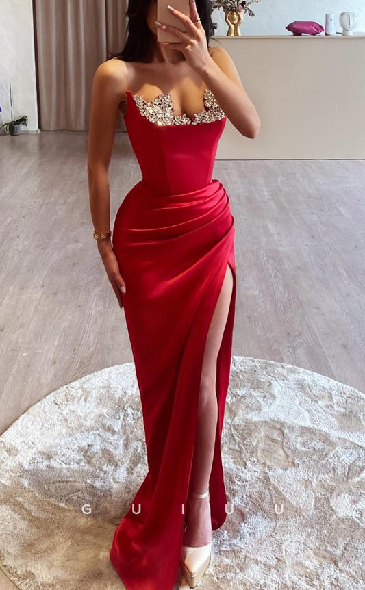 G3644 - Sexy & Hot Sheath Strapless Beaded Draped Long Party Prom Dress with High Side Slit