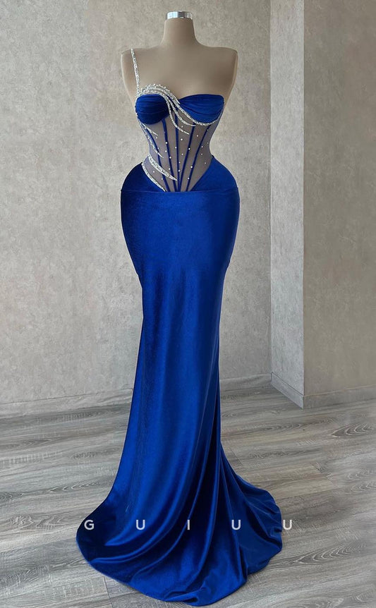 G3674 - Sexy & Hot Sheath One Shoulder Beaded Sweetheart Corset Illusion Party Gown Prom Dress