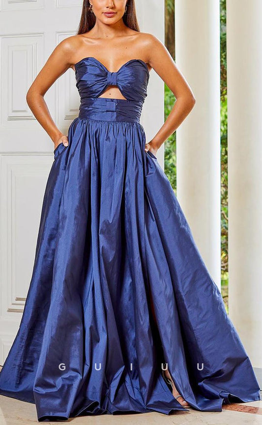 G3689 - Chic & Modern A-Line Sweetheart Draped Long Party Gown Prom Dress with Bows and High Side Slit