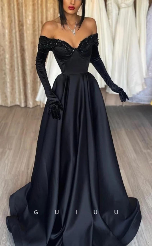 G3699 - Classic & Timeless A-Line Off Shoulder Sequined Long Gloves Draped Formal Party Gown Prom Dress