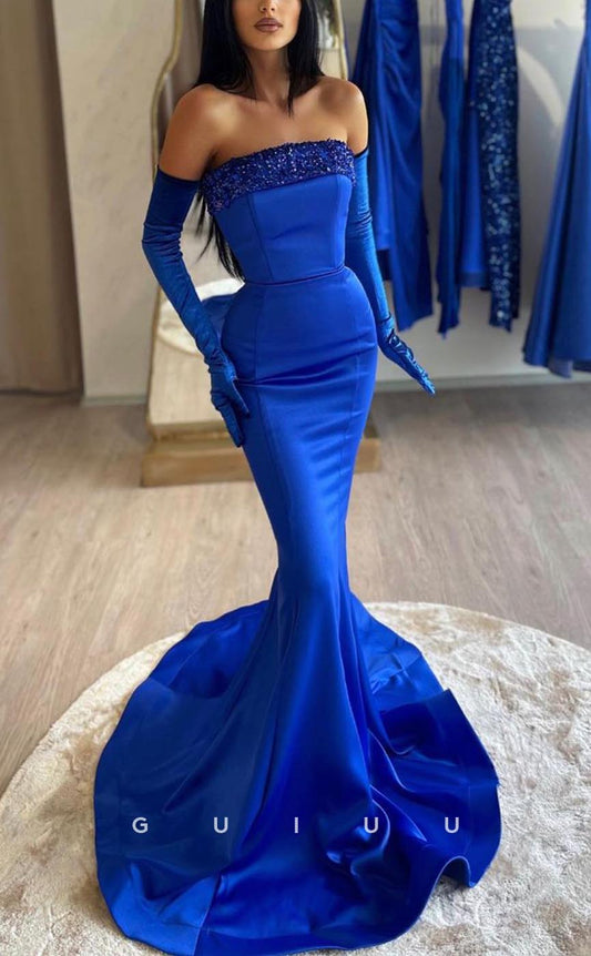 G3710 - Sexy & Hot Sheath & Trumpet Strapless Beaded  Long Party Gown Prom Dress with Long Gloves