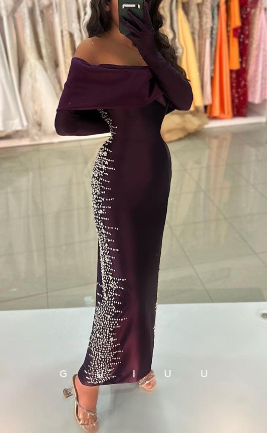 G3715 - Sexy & Hot Sheath Off Shoulder Beaded and Draped Ankle-Length Party Gown Prom Dress with Long Sleeves and Golves
