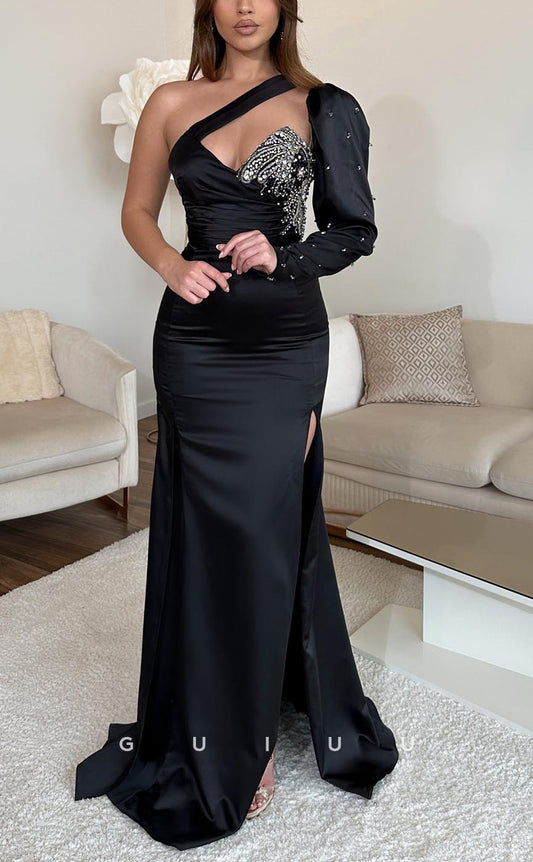 G3716 - Sexy & Hot Sheath Asymmetrical One Shoulder Long Sleeves Beaded Long Party Gown Prom Dress with High Side Slit