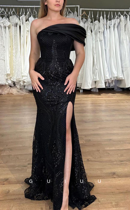 G3722 - Chic & Modern Sheath One Shoulder Sequined and Beaded Floor-Length Formal Evening Party Gown Prom Dress with High Side Slit